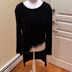 Elegant Black Velvet Women's Top, short with fringe front and long back.size 12